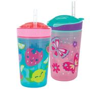 NUBY All in One Snack Bowl and No Spill Soft Straw Cup - 2 Pack Pink Butterflies & Aqua Fruits - Snack N' Sip, Holds: 4.5 oz Container with Lid and 9