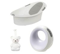 Nuby Bath and Bedtime Bundle - Newborn Baby Bath with Anti-Slip Support, Biscuit Bear Silicone Night Light & Light and Sound Machine with Cry Sensor