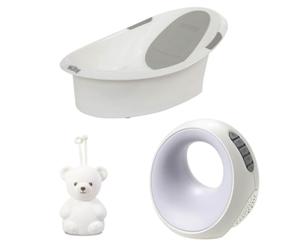 Nuby Bath and Bedtime Bundle - Newborn Baby Bath with Anti-Slip Support, Biscuit Bear Silicone Night Light & Light and Sound Machine with Cry Sensor