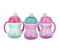 Nuby Clik-It Grip N' Sip Soft Spout No-Spill Training Sippy Cup with Handles - (3-Pack) 10 oz - 4+ Months - Aqua/Purple/Pink
