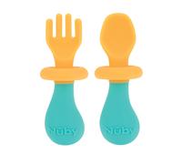 Nuby First Fork and Spoon Set - Utensils with Safety Guards for Babies 6+ Months - Orange and Aqua
