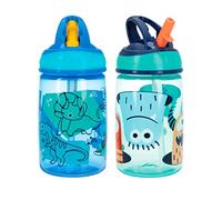 Nuby Flip-it Kids On-The-Go Printed Water Bottle with Bite Proof Hard Straw - 12oz / 360 ml, 18+ Months, 2 pk Prints May Vary