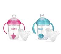Nuby No Spill 360 Weighted Straw Grip N' Sip Tritan Cup with Hygienic Cover, 8 Oz, Trainer Cup (Pink/Teal)