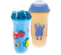 Nuby No Spill Insulated Cool Sipper Transition Cup with Soft Slicone Rim Spout | 9 oz/ 270 ml | 2 Pack Printed: Blue Dinosaurs & Yellow Friendly Monst