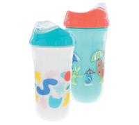 Nuby No Spill Insulated Cool Sipper Transition Cup with Soft Slicone Rim Spout | 9 oz/ 270 ml | 2 Pack Printed: Aqua Animals & White Shapes | 18 month