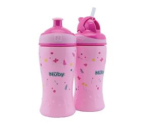 Nuby - Pack of 2 Leak-Proof Drinking Bottles - Flip-it Drinking Straw Bottle 360 ml + pop-up Drinking Bottle Drinking Cup for Children - BPA-Free - Pink - Drinking Cup 12+ Months & 18+ Months