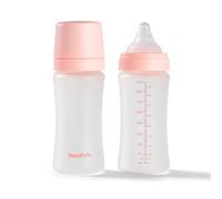 Nuby Pack of 2 RapidBottle Anti-Colic Glass Feeding Bottles - Rapid Bottle with Silicone Coated Glass Bottles with Breast-Like Teat | Quick Feed | No Microplastics | Fast Sterilising | 9oz (Pink)