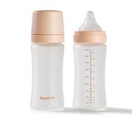 Nuby Pack of 2 RapidBottle Anti-Colic Glass Feeding Bottles - Rapid Bottle with Silicone Coated Glass Bottles with Breast-Like Teat | Quick Feed | No Microplastics | Fast Sterilising | 9oz (Beige)