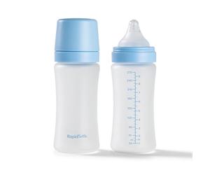 Nuby Pack of 2 RapidBottle Anti-Colic Glass Feeding Bottles - Rapid Bottle with Silicone Coated Glass Bottles with Breast-Like Teat | Quick Feed | No Microplastics | Fast Sterilising | 9oz (Blue)