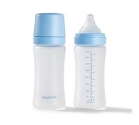 Nuby Pack of 2 RapidBottle Anti-Colic Glass Feeding Bottles - Silicone Coated Glass Bottles with Breast-Like Teat | Quick Feed | No Microplastics | Fast Sterilising | 9oz (Blue)
