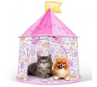Nuby Pop-Up Pet Castle - Foldable Indoor Play Tent for Cats & Small Dogs, Soft Fabric Hideaway with Pop-Up Design for Play, Rest & Cozy Comfort, Tent with Hanging Ball, Pink
