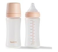 Nuby Pack of 2 RapidBottle Anti-Colic Glass Feeding Bottles - Rapid Bottle with Silicone Coated Glass Bottles with Breast-Like Teat | Quick Feed | No Microplastics | Fast Sterilising | 9oz (Beige)
