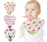 Nuby Reversible 100% Natural Cotton Muslin 3 Piece Teething Bib, Pink, Aqua, Purple, Flower, Butterfly, Stripes, Girl, 3 Count
