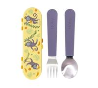 Nuby Stainless Steel Toddler Utensils with Travel Case - Easy-Grip Fork & Spoon Set for Self-Feeding, Safe Rounded Edges, Durable Stainless Steel, Perfect for On-The-Go Meals, Monkeys