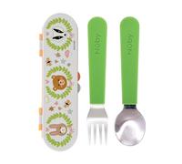 Nuby Stainless Steel Toddler Utensils with Travel Case - Easy-Grip Fork & Spoon Set for Self-Feeding, Safe Rounded Edges, Durable Stainless Steel, Perfect for On-The-Go Meals, Forest Animals