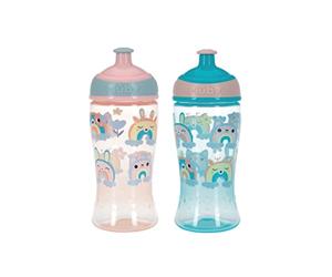 Nuby Super Slurp Free-Flow Water Bottle, 2-Pack, 360ml, 18M+, Rainbows