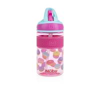 Nuby Thirsty Kids Flip-it Freestyle On the Go Water Bottle with Bite Resistant Hard Straw Cup and Easy Grip Band, Pink Donuts, 12 Ounce