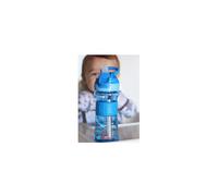 Nuby Thirsty Kids Push Button Flip-it Soft Spout on The Go Water Bottle with Easy Grip Band, Blue Sharks, 12 Ounce