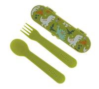 Nuby Toddler Utensils with Travel Case - Self-Feeding Fork & Spoon Set for Kids, Easy-to-Hold Training Utensils with Rounded Safe Edges, Bright Colors & Fun Patterns for Independent Mealtime, Dinosaur