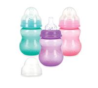 Nuby Wide Neck Non-Drip Bottle - Baby Bottles with Anti-Colic Vari-Flo Valve - (3-Pack) 8 Oz - 0+ Months - Aqua, Pink, Purple
