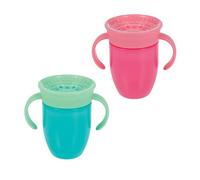 Nuby Wonder Cup - Spill-Proof Toddler Sippy Cups - (2 Pack) 7 oz - Sip from All Sides - Leak Resistant - Easy Grip Two-Handle Design - Pink/Aqua