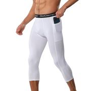NuCamper 3/4 Men's Compression Pants wiht Pocket, Running Leggings Sports Compression Tights Base Layer Quick Dry Trousers for Basketball Gym Athletic Workout Football White