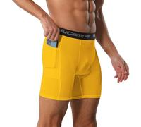 NuCamper Men's Compression Shorts with Phone Pocket, Sports Undershorts Base Layer Quick Dry Tight Running Underwear Short for Cycling, Football, Training, Basketball Yellow