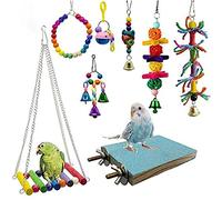 Nucelit 8 Pieces Bird Toys Set Swing Hammock Perch Platform Wood Chewing Toy with Bells for Conure Finch Mynah Lovebird Bird Swing Hammock Platform Stand Perch for Parakeets for Cages