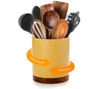 Nucookery 360°Rotating Utensil Holder, 7.2" Kitchen Utensil Crock, Ceramic Cooking Utensil Organizer with Countertop-Protection Cork Bottom for Farmhouse Kitchen Decor Christmas (Yellow Sand)