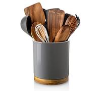 Nucookery 360° Rotating Utensil Holder, 7.2" Large Utensil Crock, White Ceramic Cooking Utensil Organizer with Countertop-Protection Cork Bottom for Farmhouse Kitchen Decor Gift (Gray)