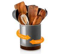 Nucookery 360° Rotating Utensil Holder, 7.2" Large Crock, White Ceramic Cooking Organizer With Countertop-Protection Cork Bottom for Farmhouse Kitchen Decor Gift (Gray)