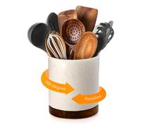 Nucookery 360°Rotating Utensil Holder, 7.2" Large Utensil Crock, Ceramic Cooking Utensil Organizer with Countertop-Protection Cork Bottom for Farmhouse Kitchen Decor Christmas Thanksgiving Gift (Sand)