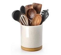 Nucookery 360°Rotating Utensil Holder, 7.2" Large Utensil Crock, Ceramic Cooking Utensil Organizer with Countertop-Protection Cork Bottom for Farmhouse Kitchen Decor Christmas Thanksgiving Gift (Sand)