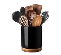 Nucookery 360° Rotating Utensil Holder, 7.2" Large Utensil Crock, White Ceramic Cooking Utensil Organizer with Countertop-Protection Cork Bottom for Farmhouse Kitchen Decor Gift (Black)