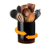 Nucookery 360° Rotating Utensil Holder, 7.2" Large Utensil Crock, White Ceramic Cooking Utensil Organizer with Countertop-Protection Cork Bottom for Farmhouse Kitchen Decor Gift (Black)