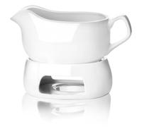 Nucookery Large 18 Oz Gravy Boat with Warmer, White Fine Porcelain Saucier with Big Dripless Lip Spout, Gravy Bowl for Thanksgiving, Warming Sauces, Salad Dressings, Microwave & Freezer Safe(Modern)