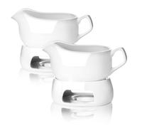 Nucookery Large 20 Oz Gravy Boat with Warmer, White Fine Porcelain Saucier with Big Dripless Lip Spout, Gravy Bowl for Thanksgiving, Warming Sauces, Salad Dressings, Microwave & Freezer Safe(Set of 2)