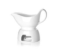 Nucookery Large Classic 17 Oz Gravy Boat with Warmer, White Fine Porcelain Saucier with Big Dripless Lip Spout, Bowl for Thanksgiving, Warming Sauces, Salad Dressings, Milk, Microwave & Freezer Safe