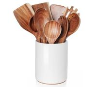 Nucookery Wooden Cooking Utensils Set with Holder, Nonstick Wooden Spoons for Cooking Spatula Set 10 Pcs, Teak Wood Kitchen Utensils Set, Ceramic Utensils Holder for Countertop, White