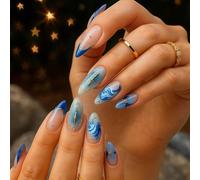 Nude Blue Glitter Tip Stiletto False Nails with Metallic Gold Star Wave Designs - Short Extra-Short Almond Shaped Press On Nails for Women, Party Wedding Daily Wear Elegant Touch