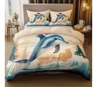 Nude Easy Care Printed Duvet Cover Set,Watercolor Animals Dolphin Santa Hat Comforter Hypoallergenic Reversible Bedding Bed Sets With 2 Pillowcases - 230 x 220 cm Microfiber Bedding Set