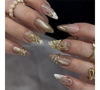 Nude False Manicure Tips Almond Shape Set, 3D Flower Fingertip Art with Glossy Finish and Gold Detail, 30 Pieces in 15 Sizes for Daily Wear Looks False Manicure Tips Almond Shape Floral Art Nude