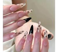 Nude French Handmade Press On Nails Stiletto Nail Tips Black Leopard Print Luxury Glue on Nails Reusable Acrylic False Nails Manicure Kits with Cute Design for Women (M)
