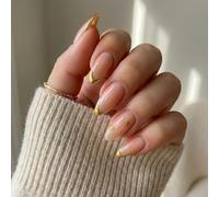 Nude Glossy Almond Press On Nails With Gold French Tips & Star Designs - Long False Nails Set For Elegant Everyday Wear, Salon-Quality Manicure, Easy Application, Reusable