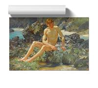 Nude Man On The Rocks By Henry Scott Tuke Art Print | Unframed Poster, A4
