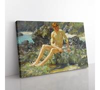 Nude Man On The Rocks By Henry Scott Tuke Classic Painting Canvas Wall Art Print Ready to Hang, Framed Picture for Living Room Bedroom Home Office Décor, 50x35 cm (20x14 Inch)
