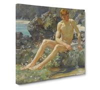 Nude Man on the Rocks by Henry Scott Tuke Classic Painting Canvas Wall Art Print Ready to Hang, Framed Picture for Living Room Bedroom Home Office Décor, 14x14 Inch (35x35 cm)