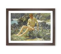 Nude Man On The Rocks By Henry Scott Tuke Classic Painting Framed Print | A4 Walnut Framed Wall Art | Ready to Hang | Classic Historical Picture | Living Room Bedroom Lounge Office