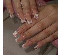 Nude Peach French Style Artificial Nail Tips with Glittery Pink Tips and Flower Rhinestone Accents - Squoval Shape Press on Nails Set for Women Elegant Daily Wear and Special Occasions