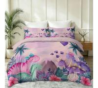 Nude Pink Cartoon Cute Breathable Duvet Set, Soft Easy Care Microfiber Tropical Plants Animals Dinosaur Footprints Duvet Cover, King Size Comfortable Bedding Set with 2 Pillowcases for Teens Kids